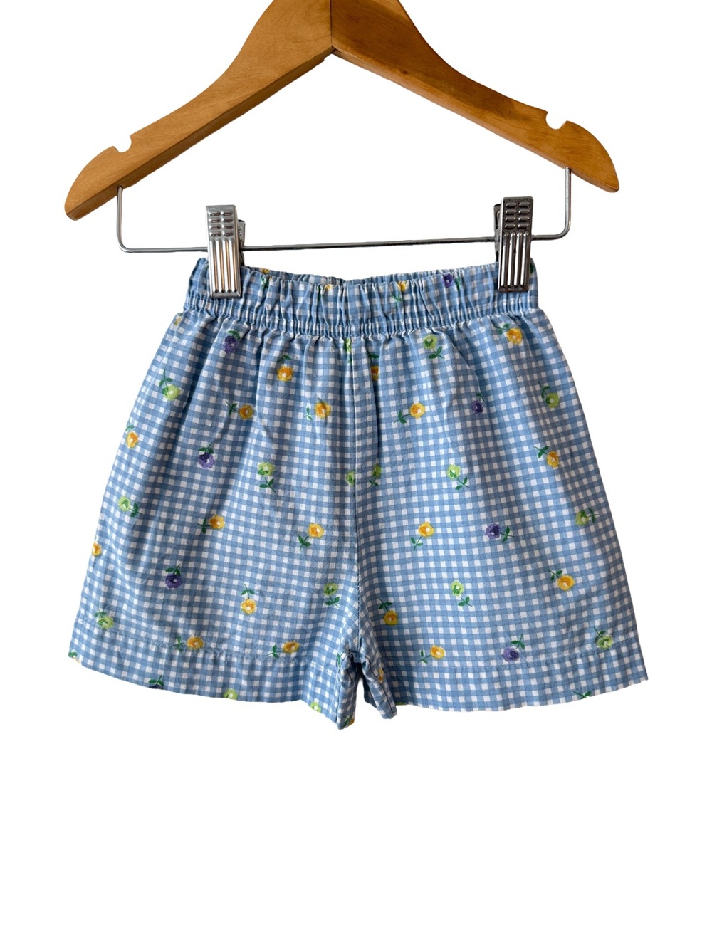 Vintage Blue Gingham Floral Elastic-Waist Kids Shorts